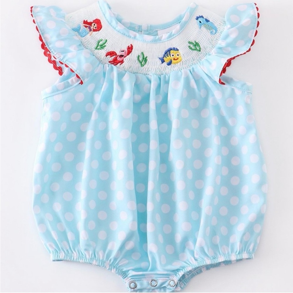Ariel Mermaid Embroidered Bubble Smock 18-24 Month New Boutique Polka Dot